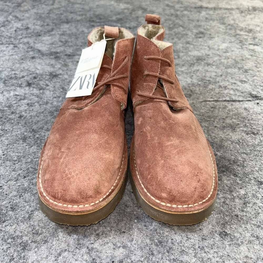 New Zara Girls Sherpa Lined Split Leather Ankle Booties  37/5 Rose Pink